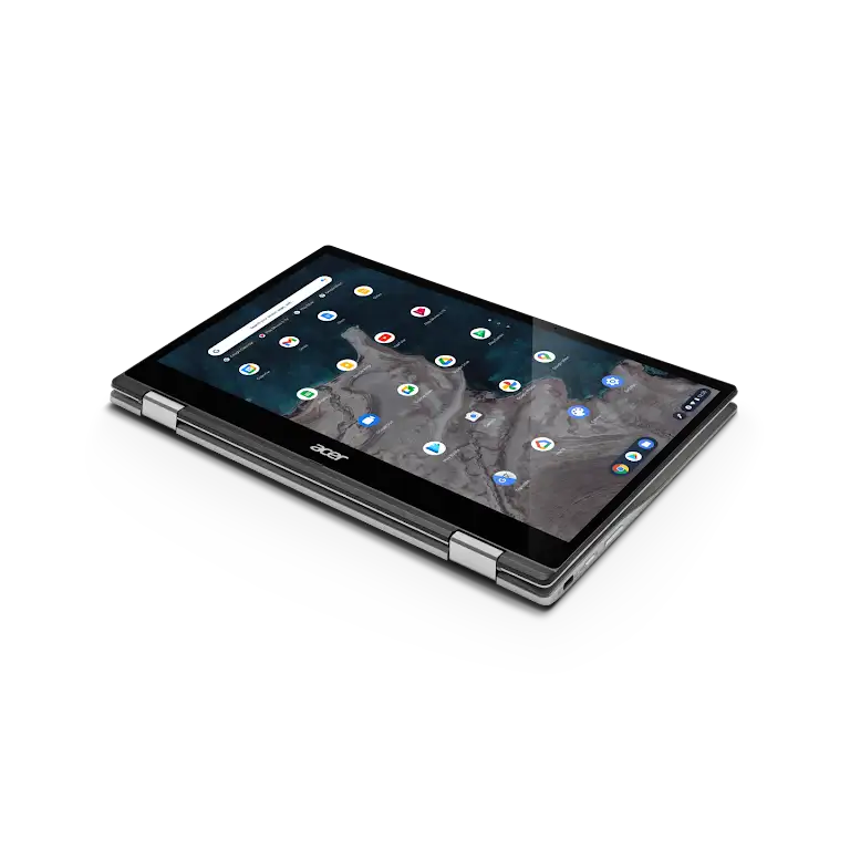 Acer Chromebook Spin 513 apparaat omgekeerd met de toetsen naar beneden, dat het apps-scherm toont.