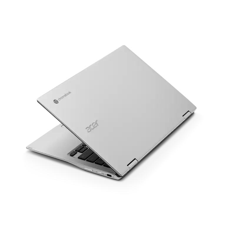 Acer Chromebook Spin 513 apparaat schuin geplaatst om de verscheidenheid aan poorten aan de linkerkant te tonen.