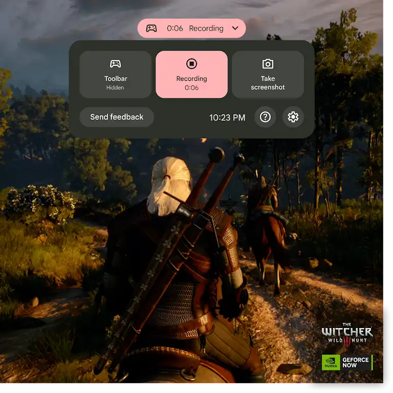 Animatie van iemand die gameplay opneemt terwijl die The Witcher 3: Wild Hunt speelt.