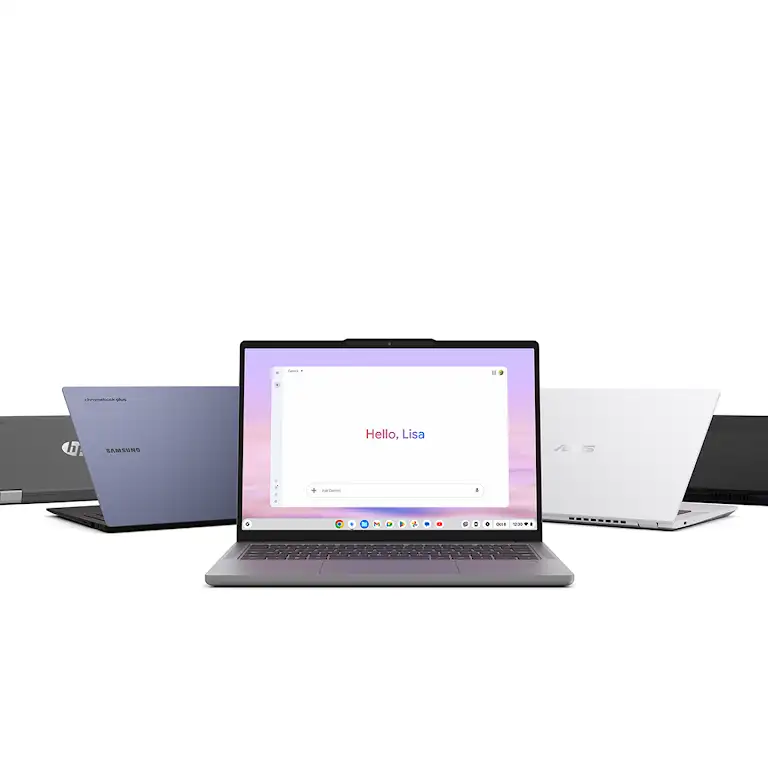 Animatie van Chromebook Plus-laptops van meerdere merken die worden geopend, met de Google Gemini-app op het scherm van een Lenovo-laptop.