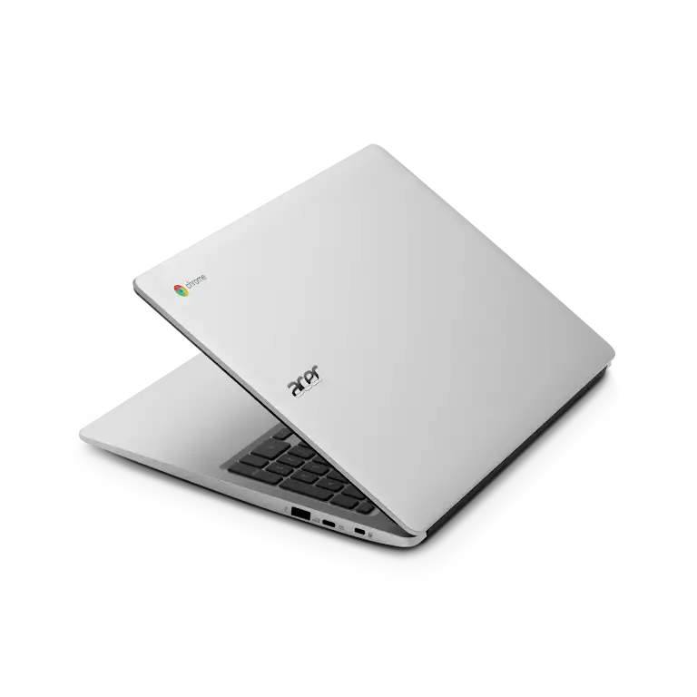 Acer Chromebook 315 apparaat schuin geplaatst om de verscheidenheid aan poorten aan de linkerkant te tonen.