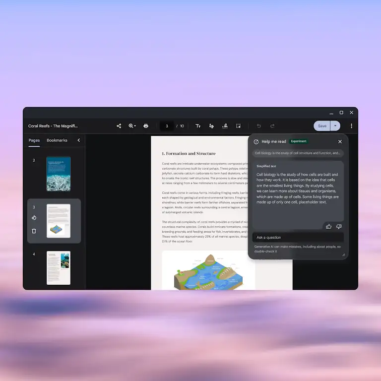 Animatie van iemand die Help me met lezen gebruikt om een alinea in een pdf-document samen te vatten.