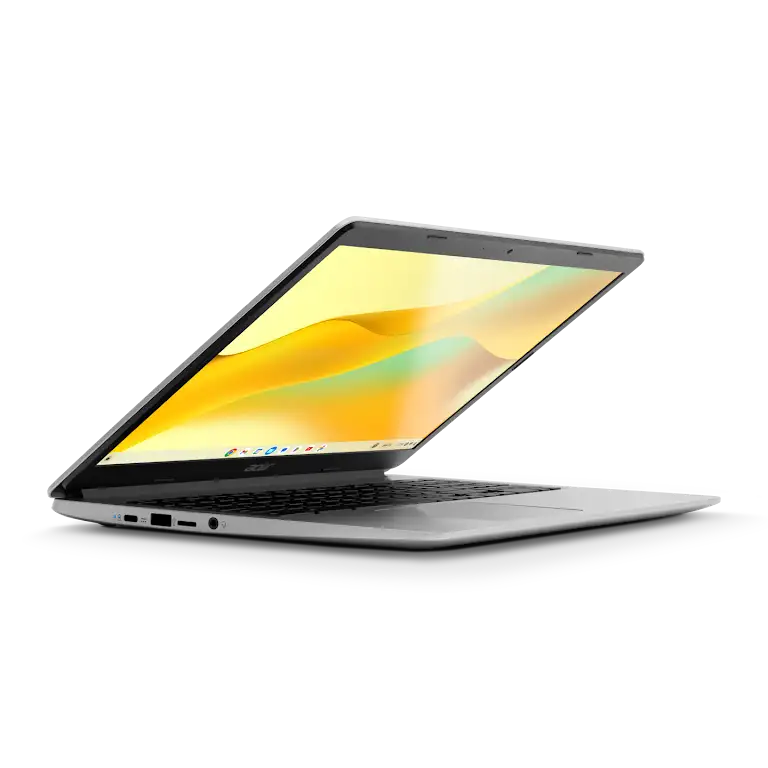 Acer Chromebook 315 apparaat iets geopend close-up van de poorten en externe knoppen aan de linkerkant.