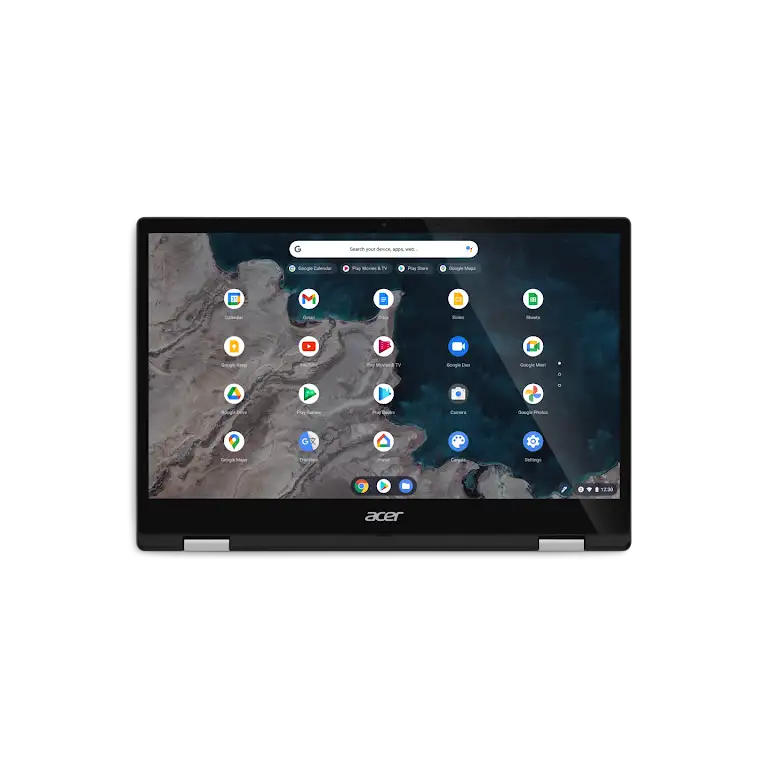 Acer Chromebook Spin 513 apparaat omgekeerd met toetsen naar beneden, recht aanzicht van het app-scherm.