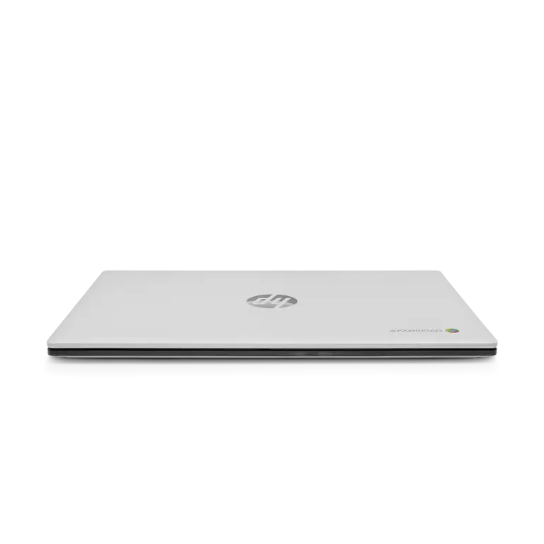 HP Chromebook 14 inch apparaat gesloten weergegeven in een direct vooraanzicht.