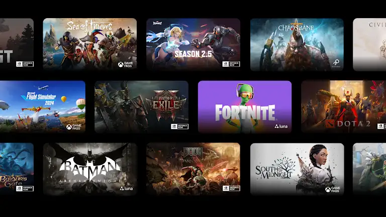 Animatie met games die je kunt spelen op de Chromebook Plus via GeForce Now, Amazon Luna, Boosteroid en Xbox Cloud Gaming.