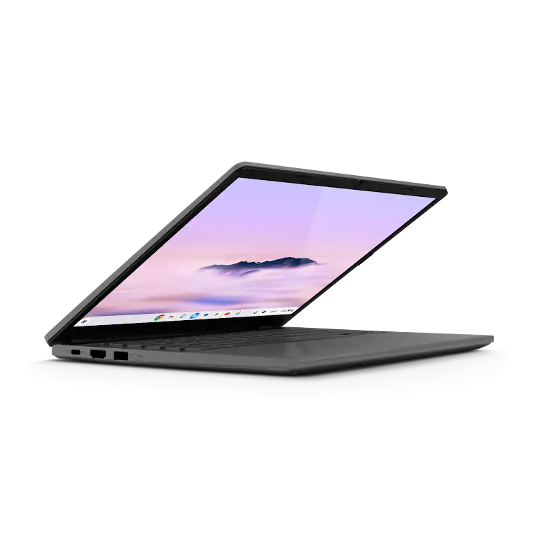 Acer Chromebook Plus 514 apparaat iets geopend close-up van de poorten en externe knoppen aan de linkerkant.