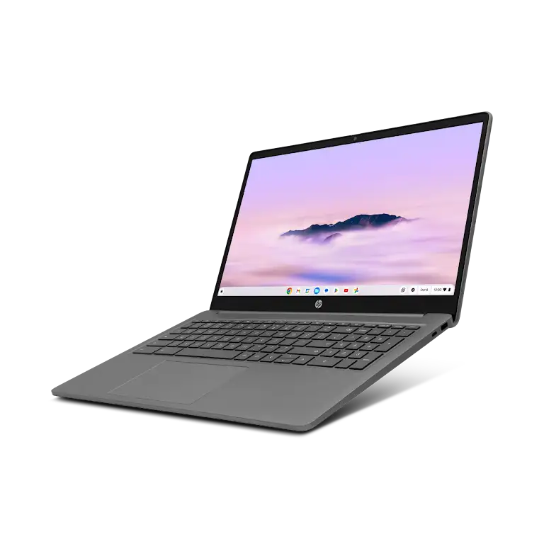 HP Chromebook 15,6 inch apparaat zwevend open, in een hoek geplaatst om de rechterkant en het scherm te tonen.