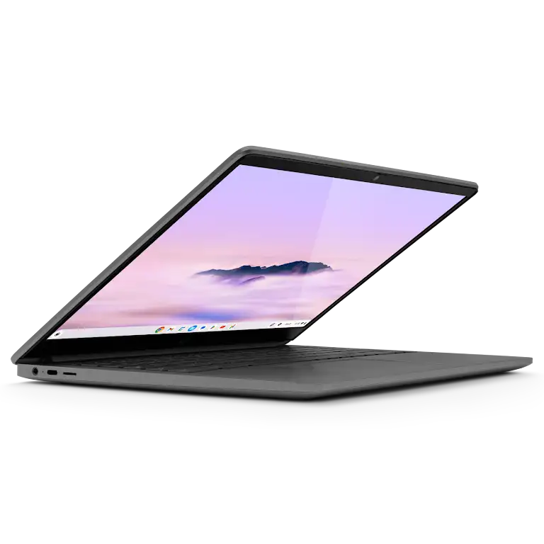 HP Chromebook 15,6 inch apparaat iets geopend, close-up van de poorten en externe knoppen aan de linkerkant.