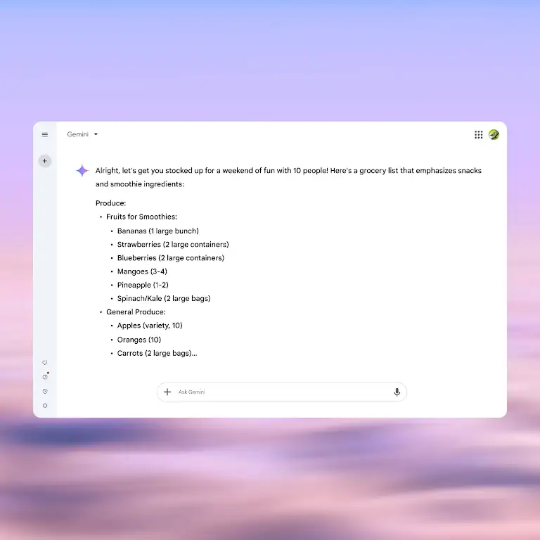 Animatie van iemand die met behulp van een Gemini-gesprek een boodschappenlijst maakt voor een weekendje weg.