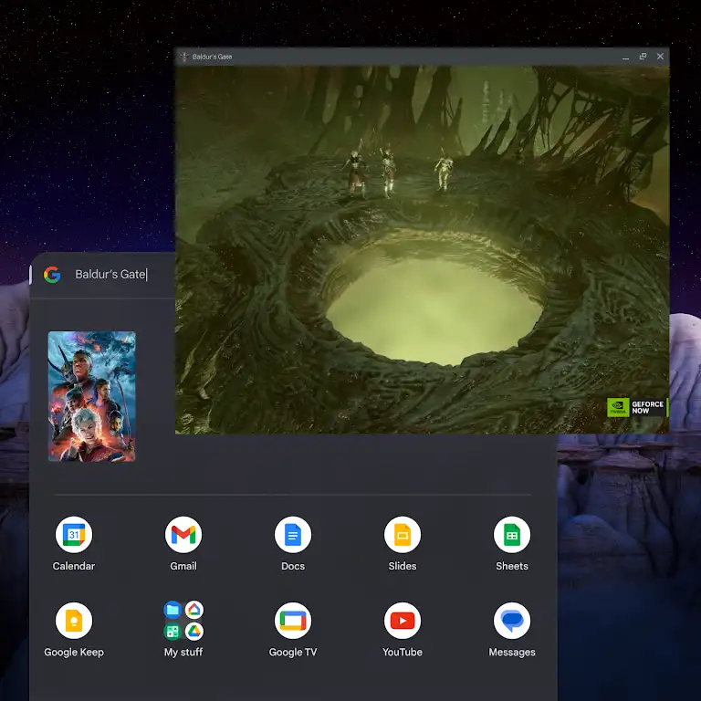Animatie van iemand die Baldur’s Gate 3 op een Chromebook start via het Launcher-menu.