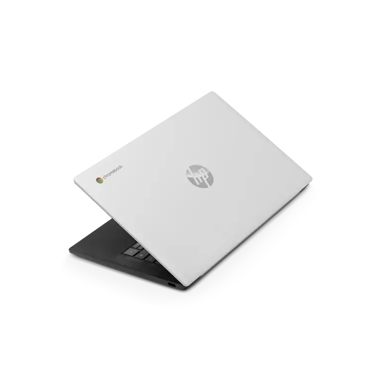 HP Chromebook 14 inch apparaat schuin geplaatst om de verscheidenheid aan poorten aan de linkerkant te tonen.