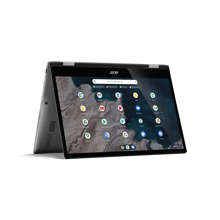 Acer Chromebook Spin 513 apparaat in tentstand, met weergave van het app-scherm.