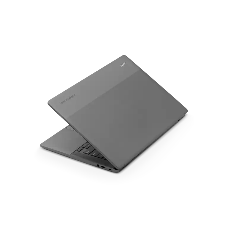 Acer Chromebook Plus 514 apparaat schuin geplaatst om de verscheidenheid aan poorten aan de linkerkant te tonen.