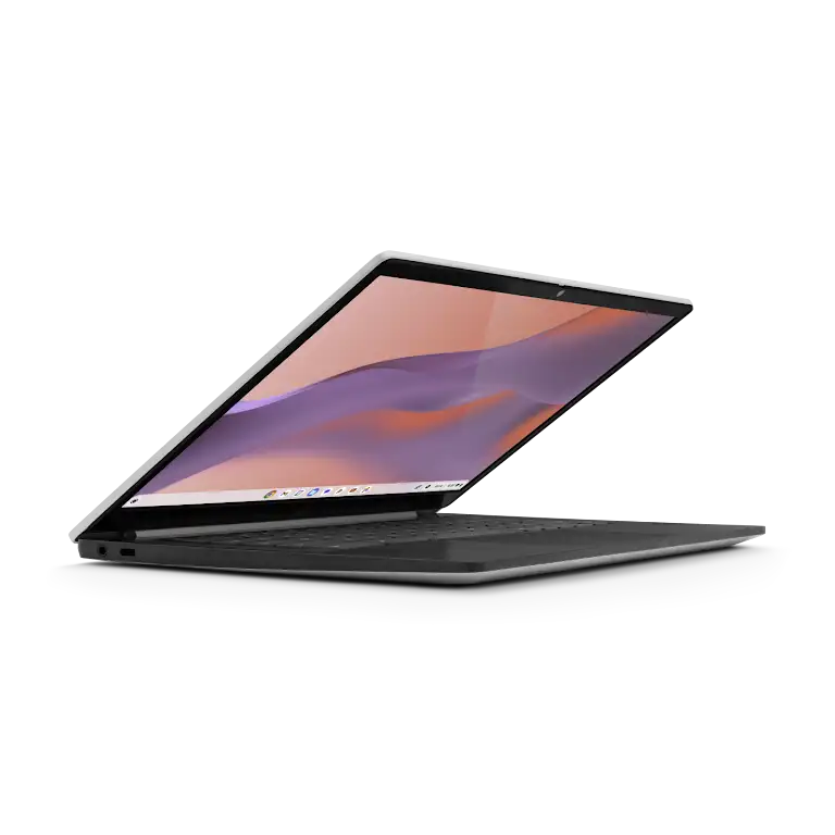 HP Chromebook 14 inch apparaat iets geopend close-up van de poorten en externe knoppen aan de linkerkant.