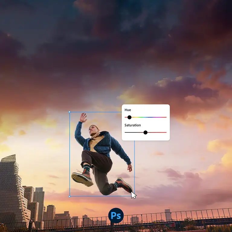Animatie die het gebruik van Photoshop-functies illustreert. Deze zijn beschikbaar op Chromebook Plus-apparaten dankzij hun krachtige rekenkracht.