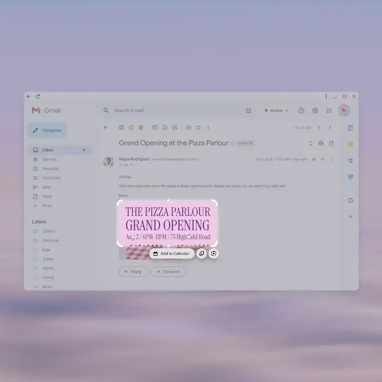 Een animatie toont hoe iemand de functie Super Extract gebruikt om een agenda-afspraak te maken op basis van tekst in een afbeelding in een e-mail.