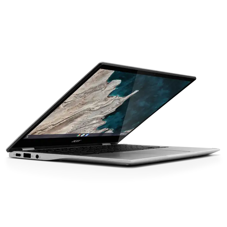 Acer Chromebook Spin 513 apparaat iets geopend close-up van de poorten en externe knoppen aan de linkerkant.