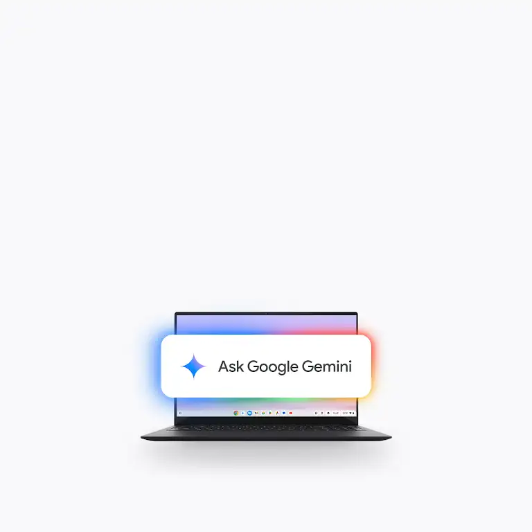 Animatie van een geopende Chromebook Plus-laptop met de tekst 'Vraag het Google Gemini' op de laptop.
