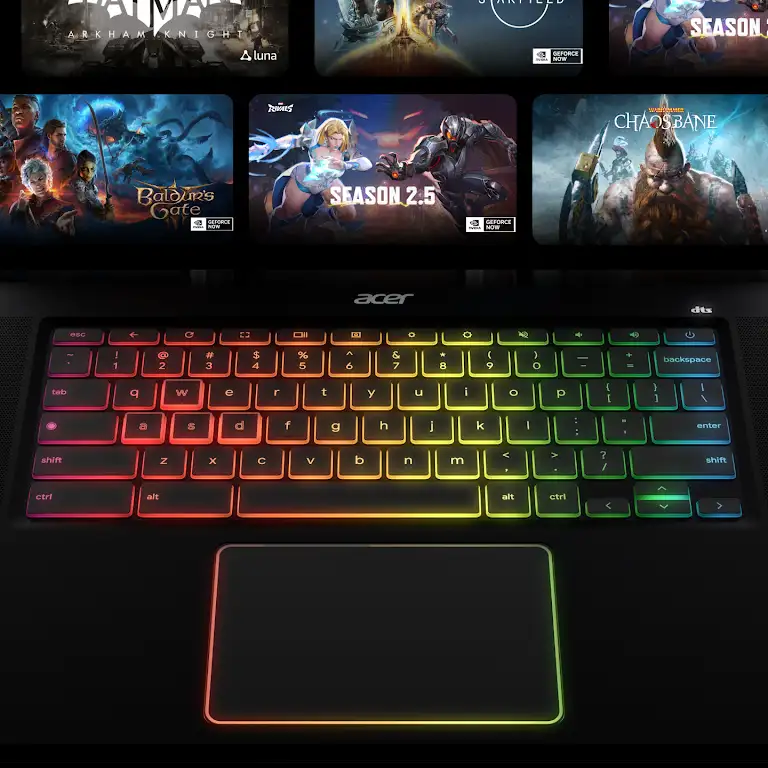 Animatie van het RGB-toetsenbord op een Chromebook Plus-laptop.