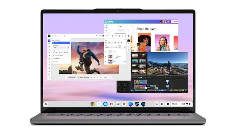 Animatie met schermen van apps die je kunt gebruiken op Chromebooks, waaronder Figma, Spotify, Photoshop, LumaFusion, Canva en Microsoft Excel.