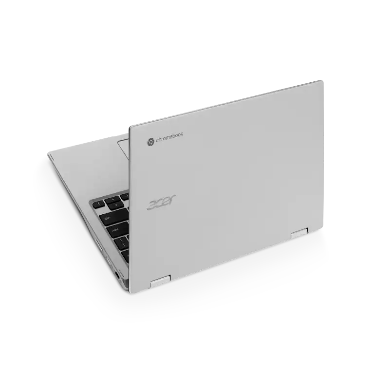 Acer Chromebook Spin 513 apparaat schuin geplaatst om de verscheidenheid aan poorten aan de linkerkant te tonen.